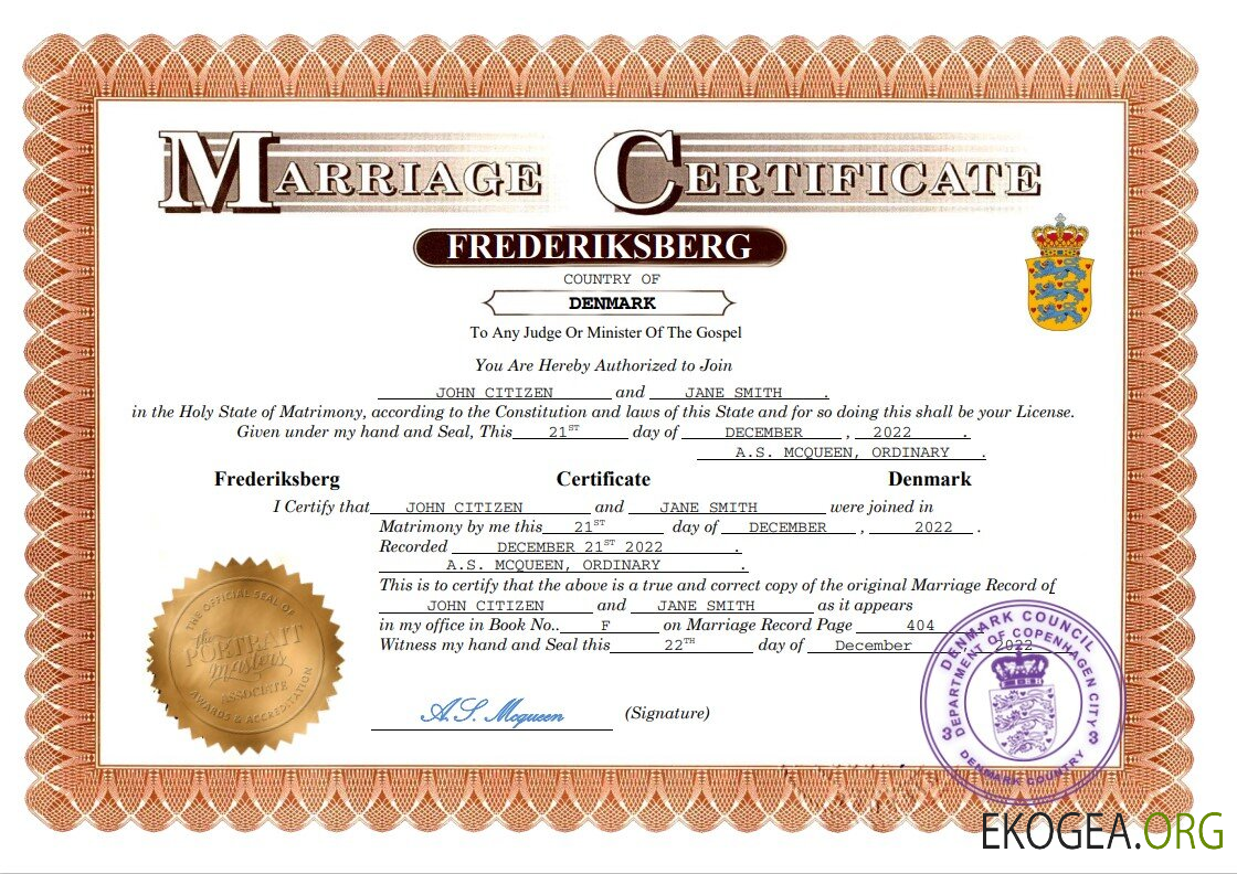 Modèle Word et PDF d'acte de mariage au Danemark